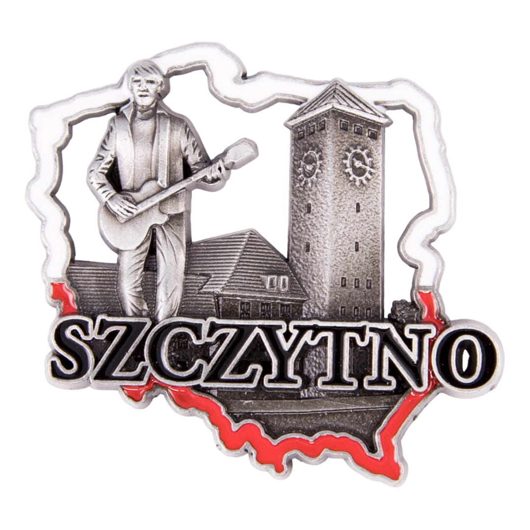 Magnes na lodówkę Szczytno metalowy w kształcie Polski pamiątka