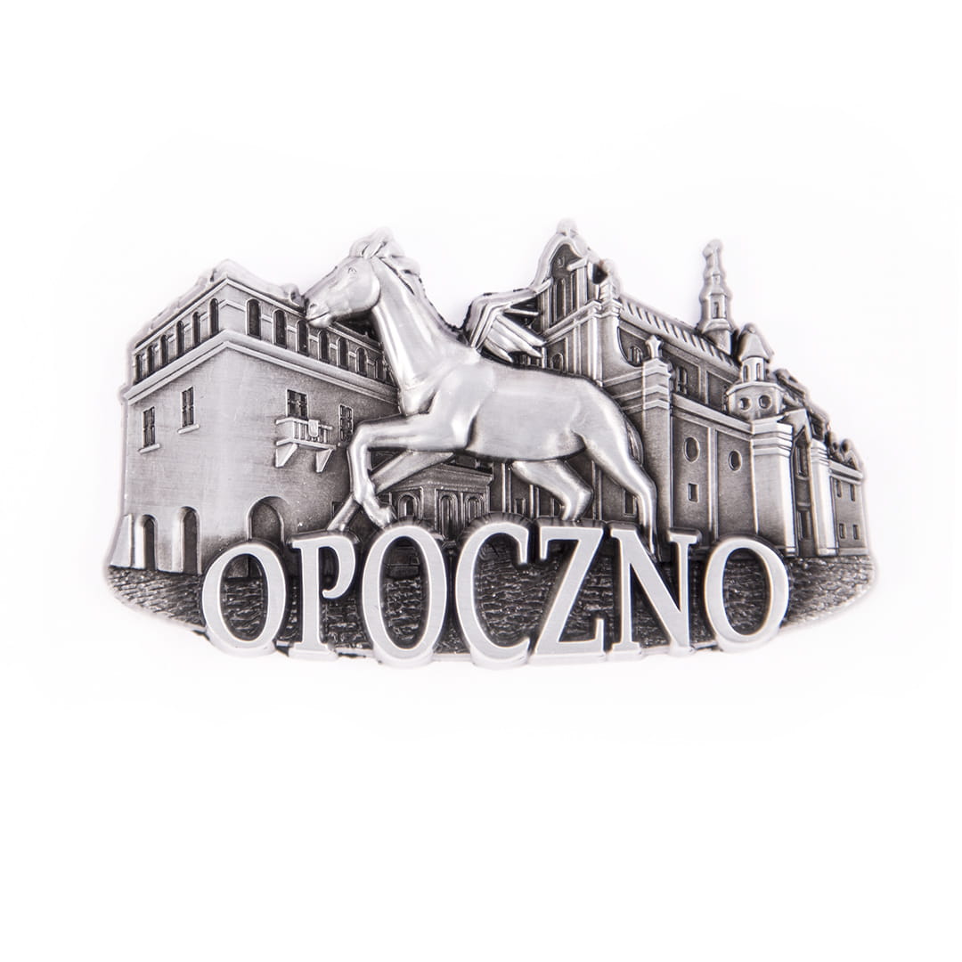 magnes metalowy panorama Opoczno z koniem pamiątka z miasta