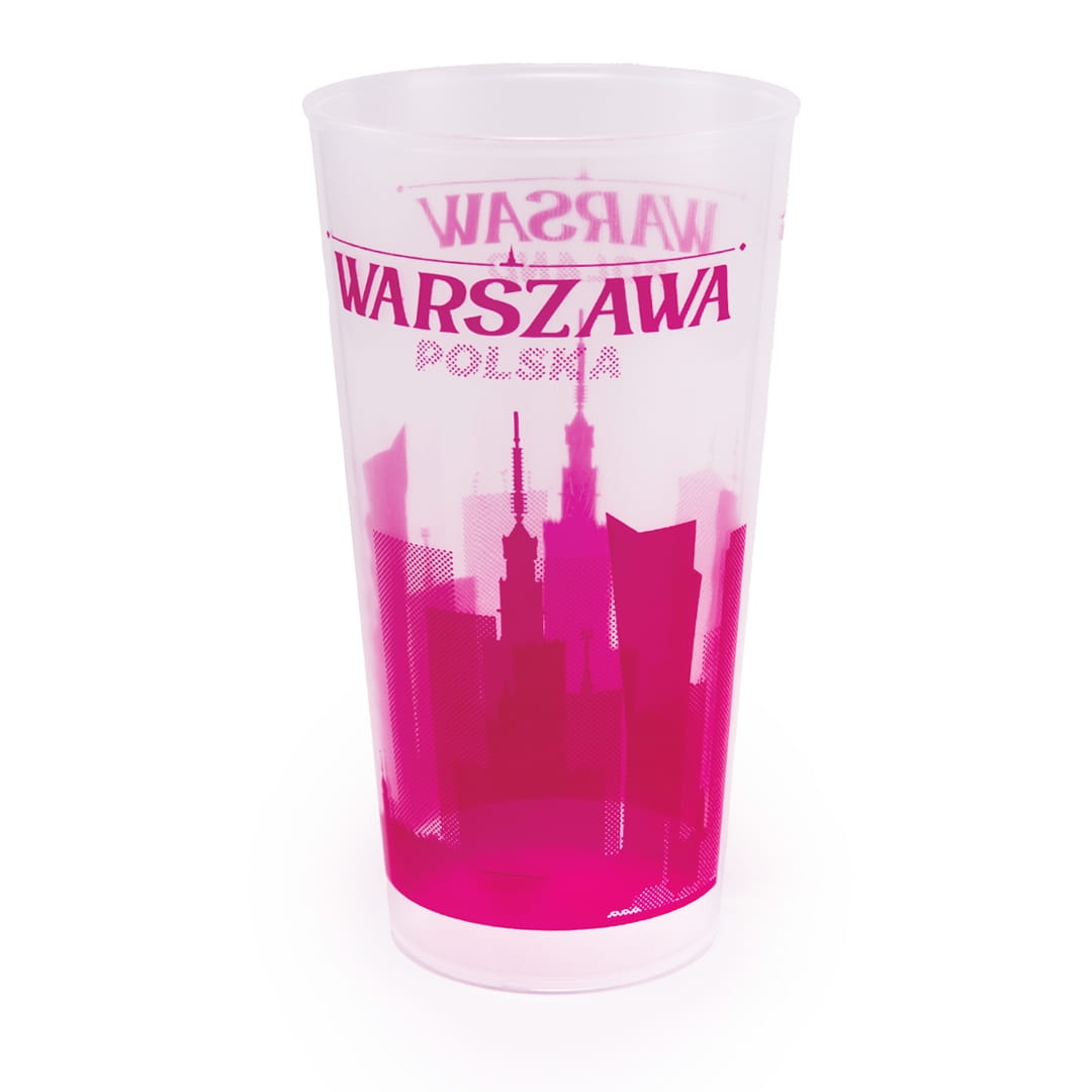 Kubek plastikowy 0,5l Warszawa z różowym nadrukiem panoramy miasta