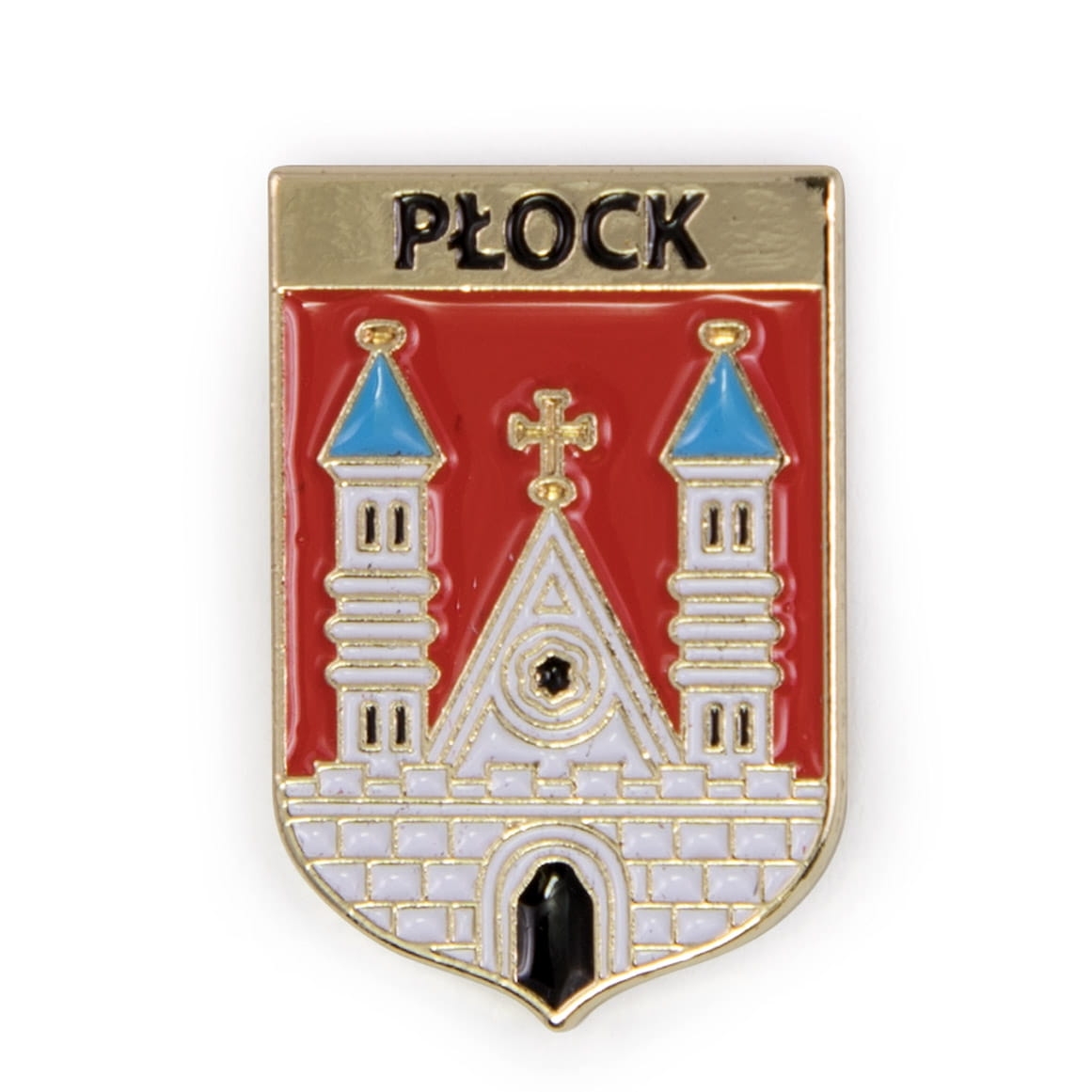 przypinka herb Płock metalowa emaliowana widok z przodu