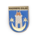Przypinka metalowa herb Kazimierz Dolny z napisem - widok z przodu