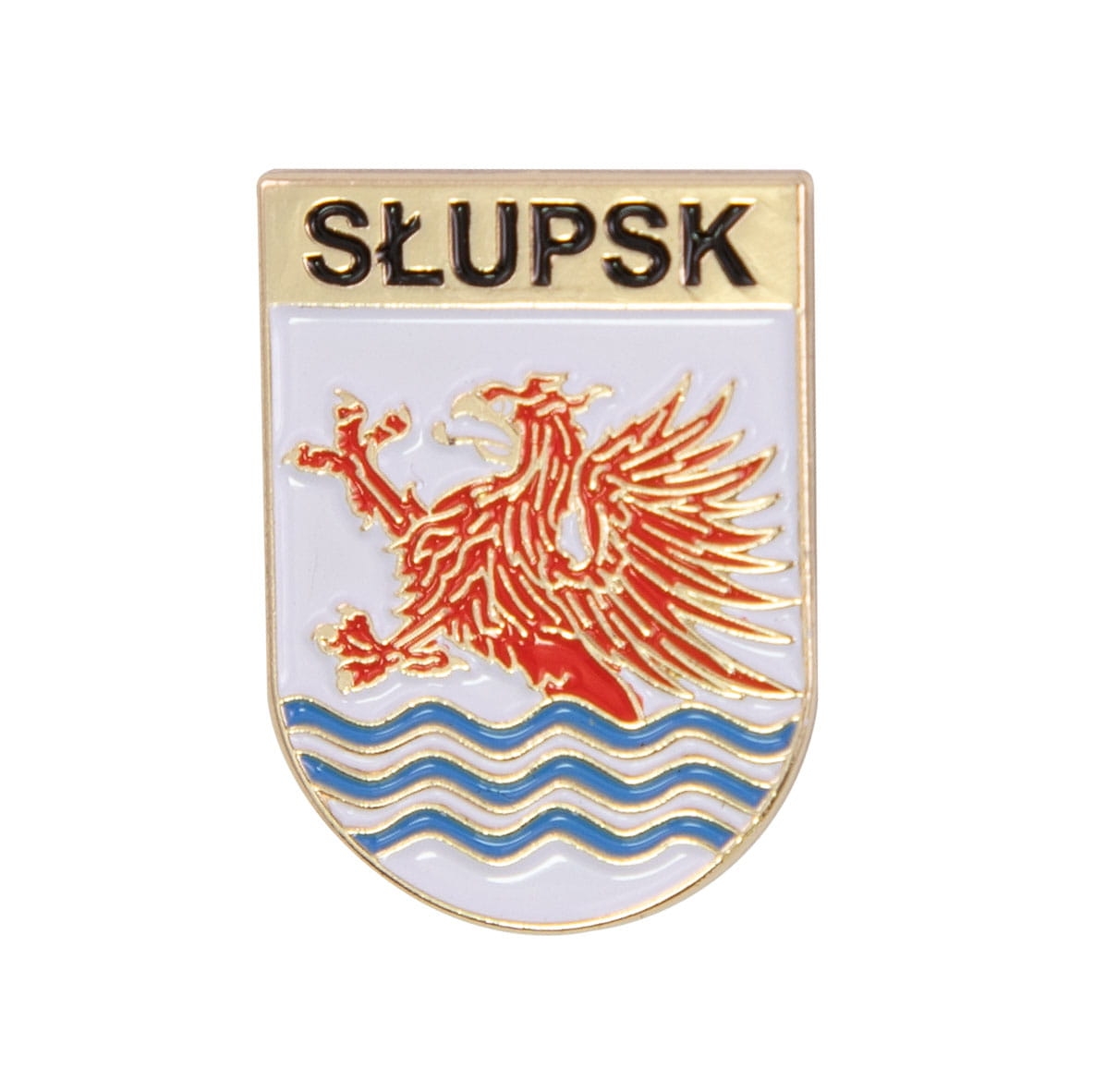 Przypinka herb Słupsk metalowa emaliowana z gryfem