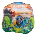 magnes na lodówkę Giżycko z łódką i zachodem słońca pamiątka z Mazur