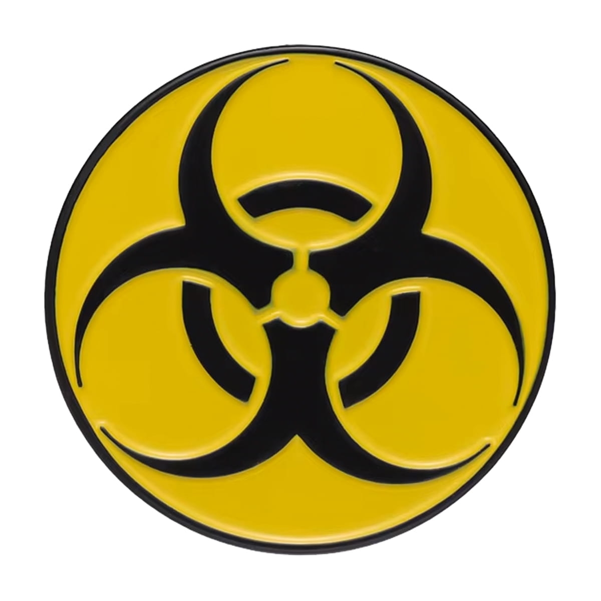 Metalowa przypinka bio hazard symbol żółto-czarny