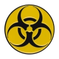 Metalowa przypinka bio hazard symbol żółto-czarny