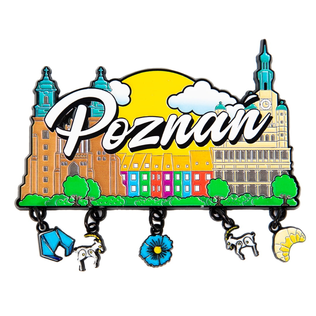 magnes na lodówkę Poznań metalowy z zawieszkami pamiątka