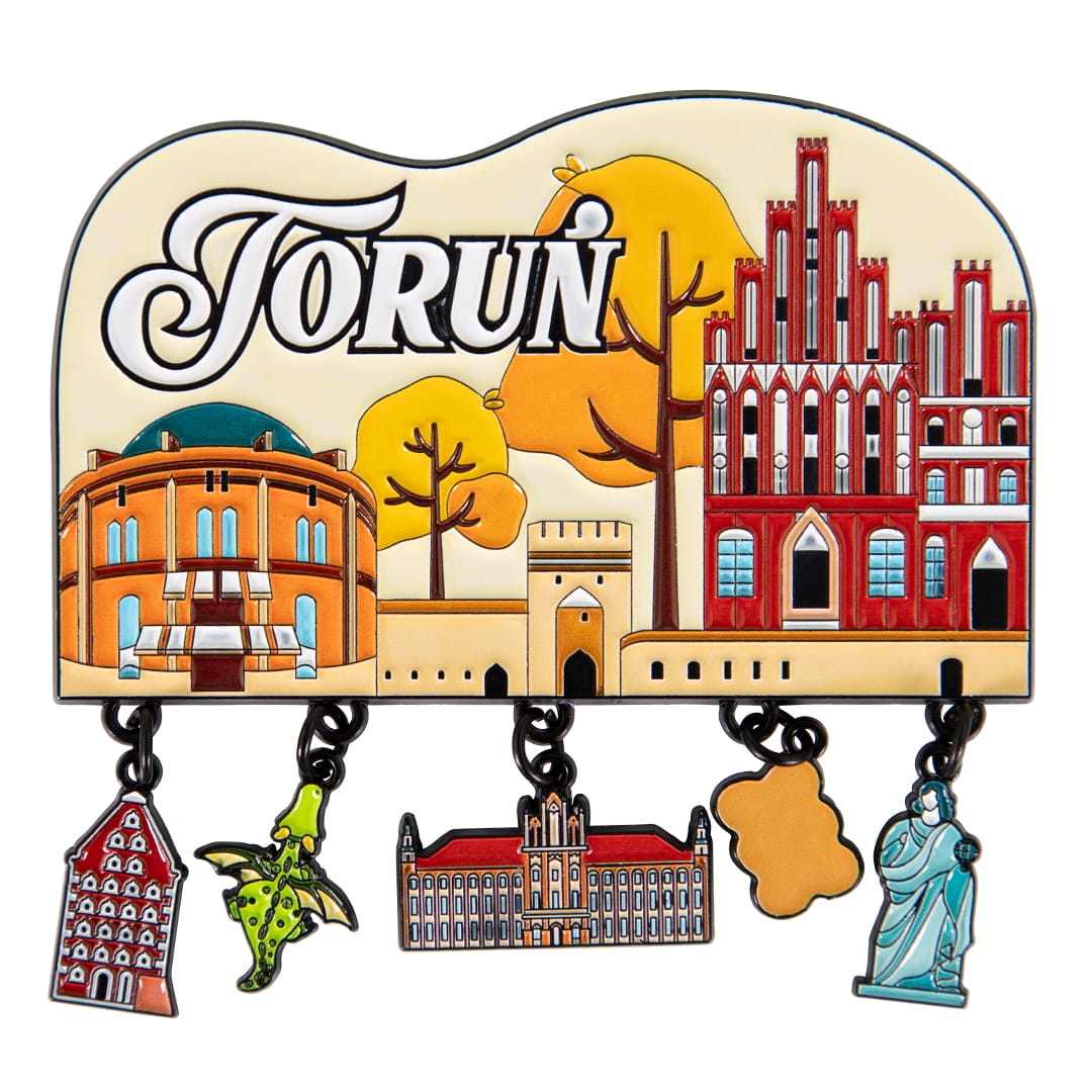 magnes metalowy Toruń z zawieszkami zabytki miasta