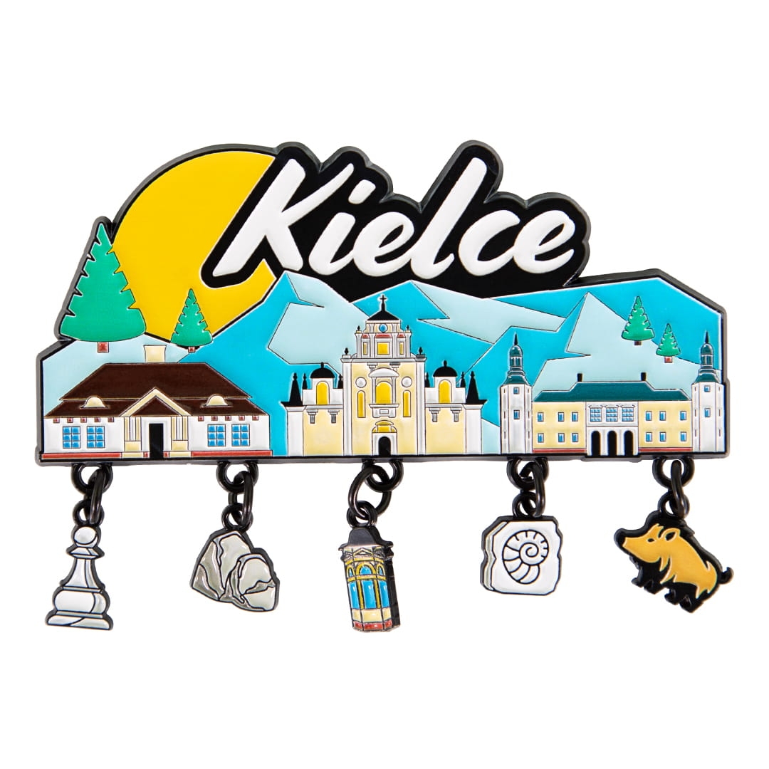 magnes na lodówkę Kielce z zawieszkami metalowy pamiątka