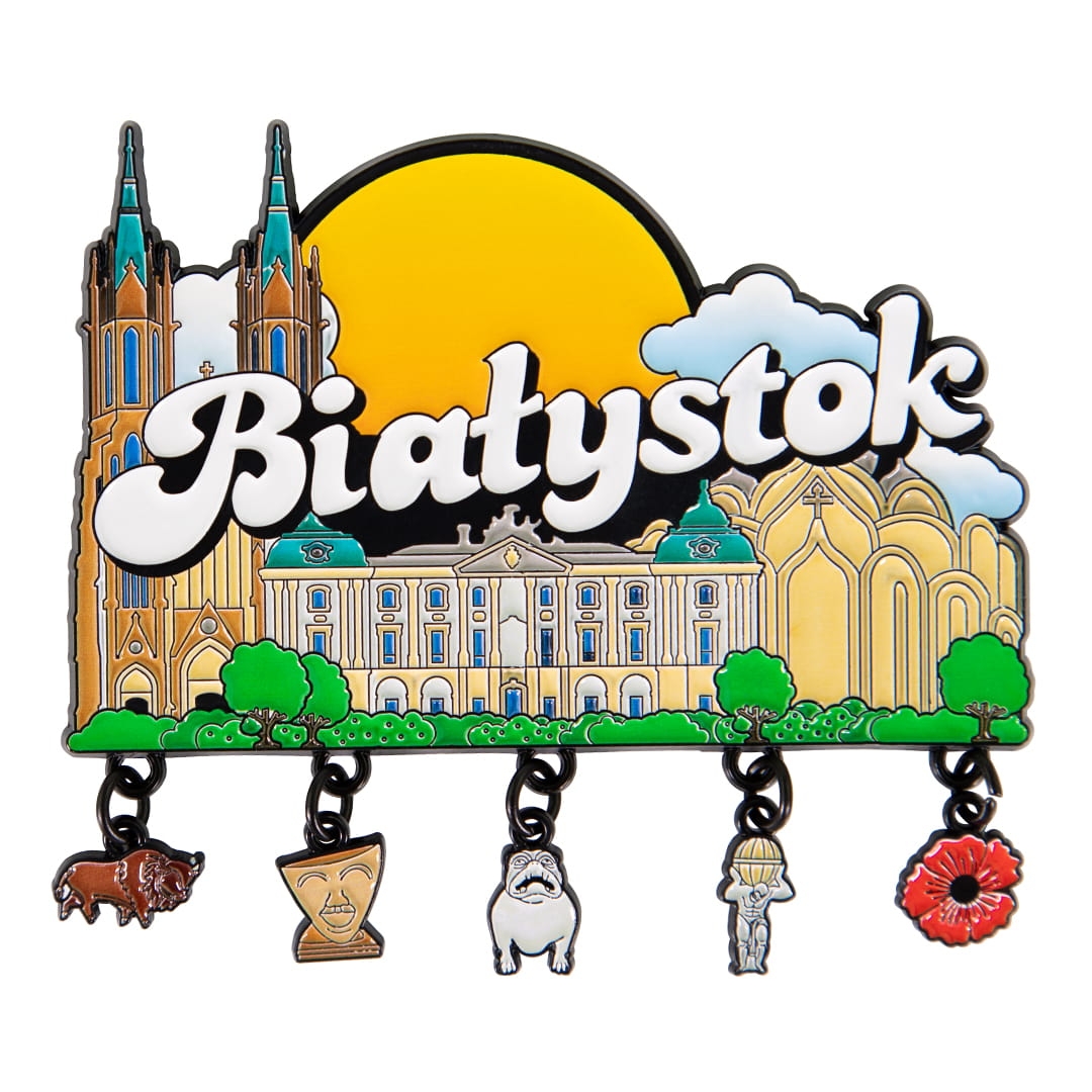 magnes na lodówkę Białystok metalowy z zawieszkami pamiątka z miasta