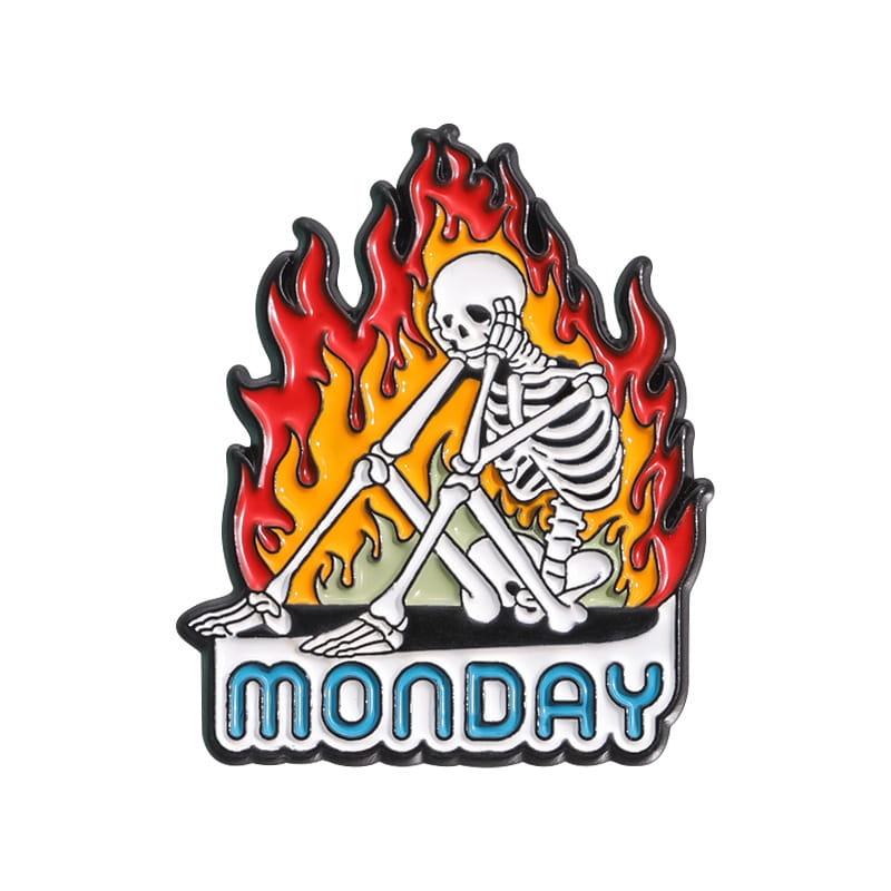 metalowa przypinka poniedziałek szkielet w ogniu monday pin