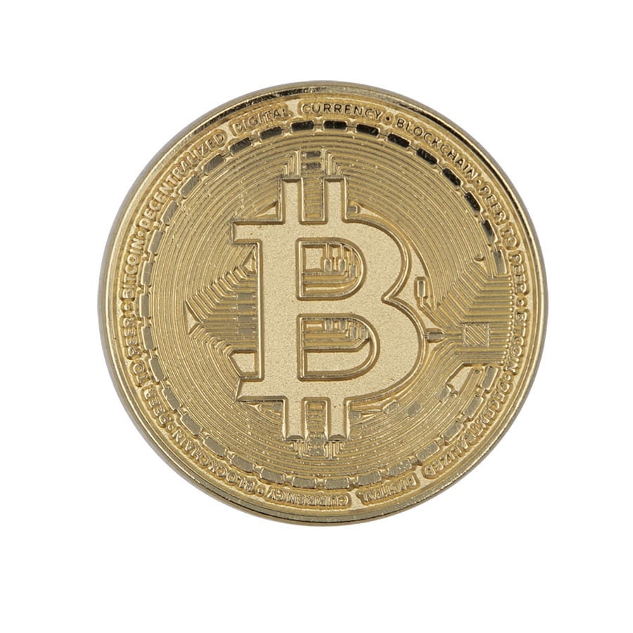 metalowa przypinka bitcoin złota z symbolem kryptowaluty