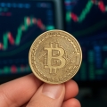 przypinka bitcoin w dłoni tło wykres kryptowalut