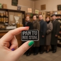 przypinka Pan tu nie stał trzymana w dłoni w kolejce