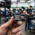 przypinka Diesel Musi Dymić trzymana w ręku warsztat samochodowy
