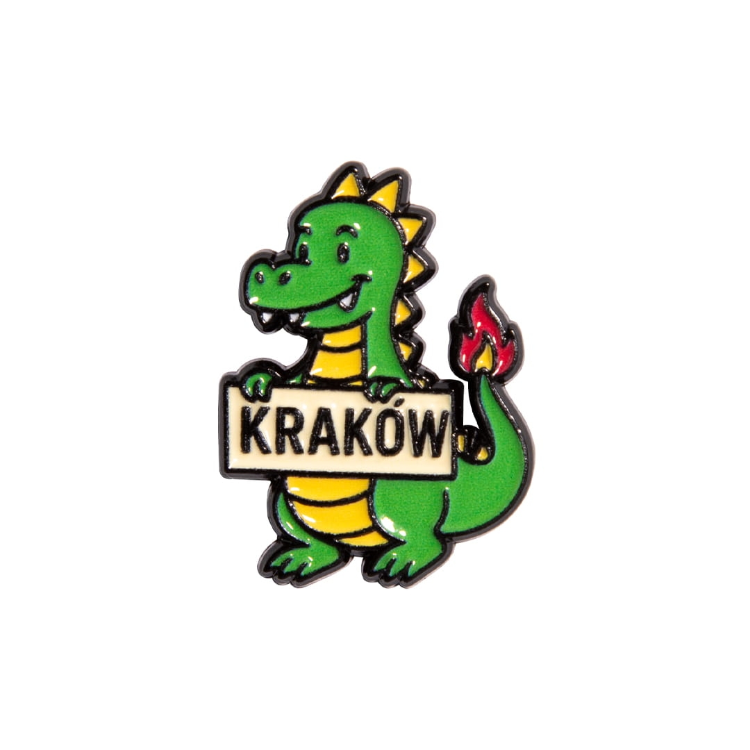 przypinka metalowa smok Kraków zielony smok z napisem pamiątka z Krakowa
