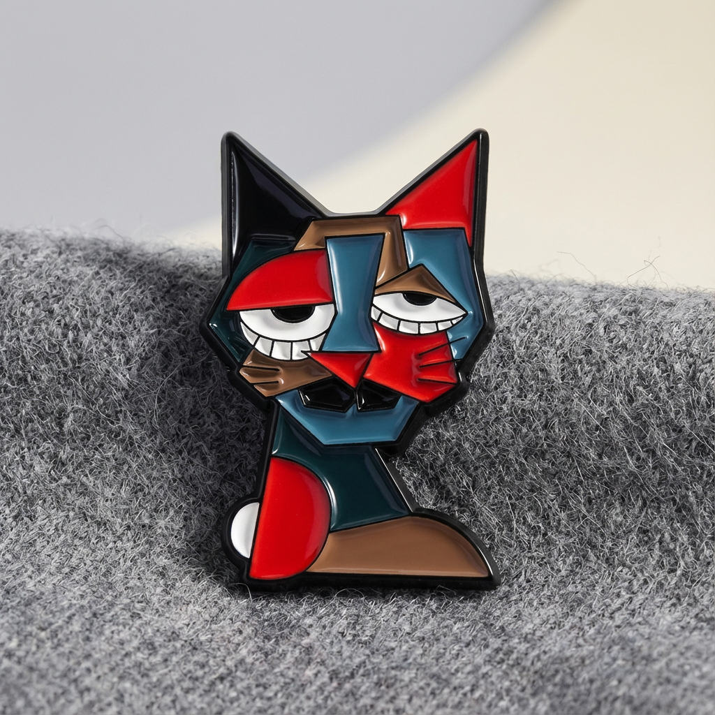 metalowa przypinka kot picasso kubizm - mockup produktu