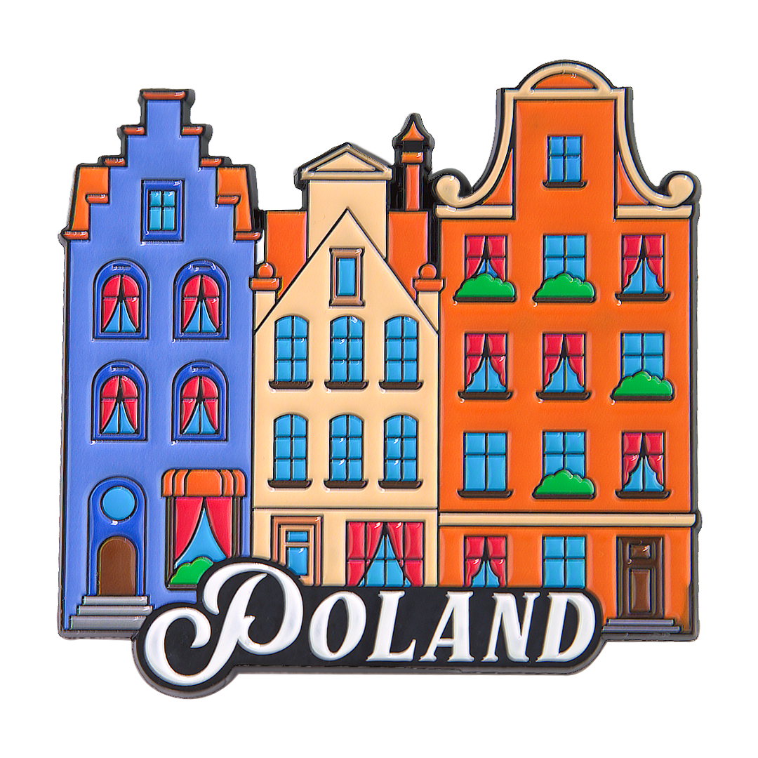 Magnes metalowy kamieniczki Poland kolorowy widok z przodu