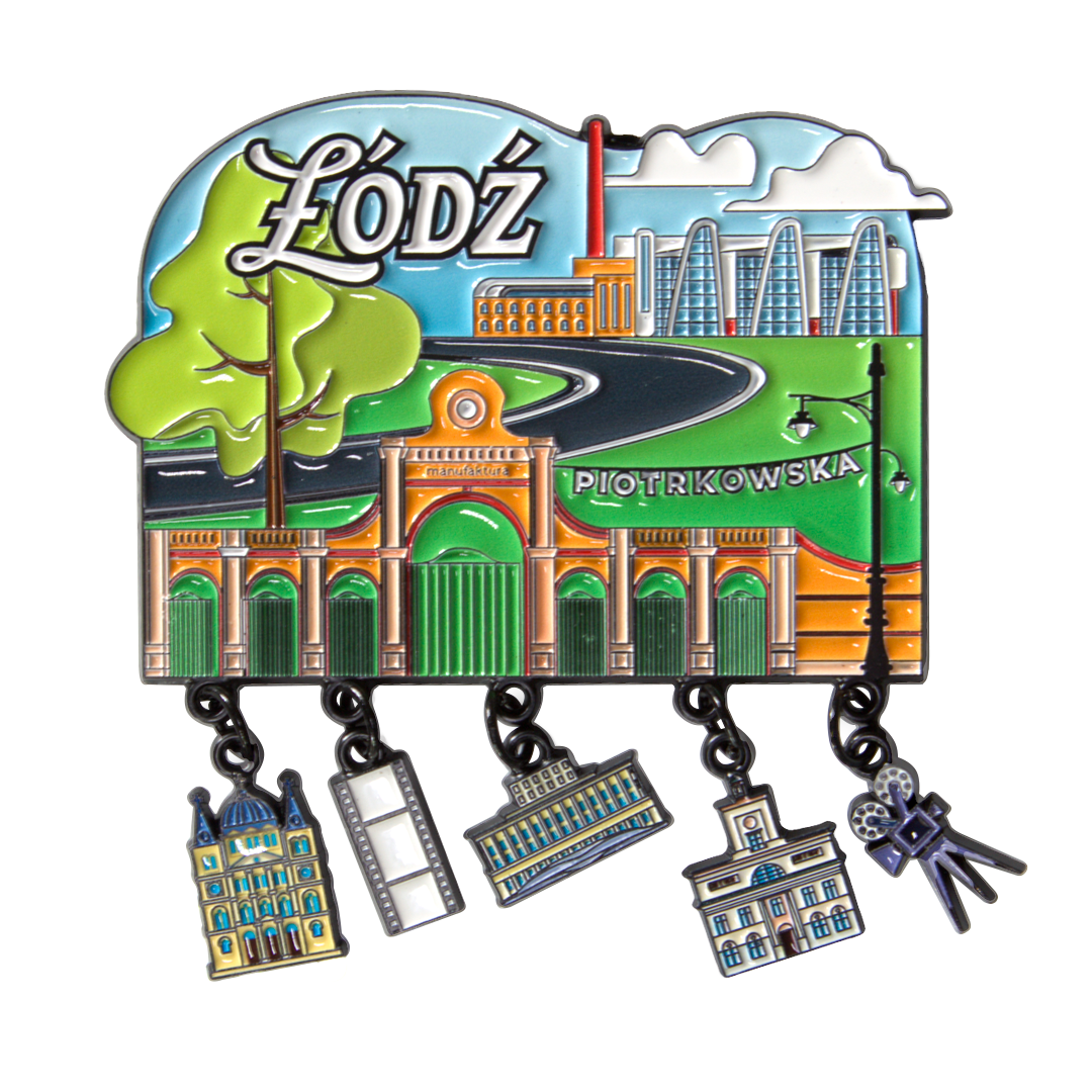 Metalowy magnes z zawieszkami Łódź Piotrkowska pamiątka