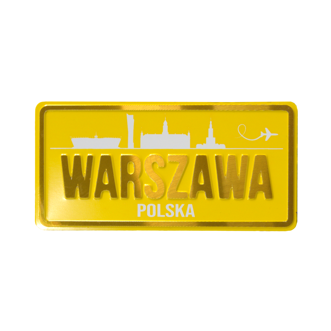 Magnes Tablica Warszawa - żółty magnes z napisem Warszawa Polska i sylwetką miasta