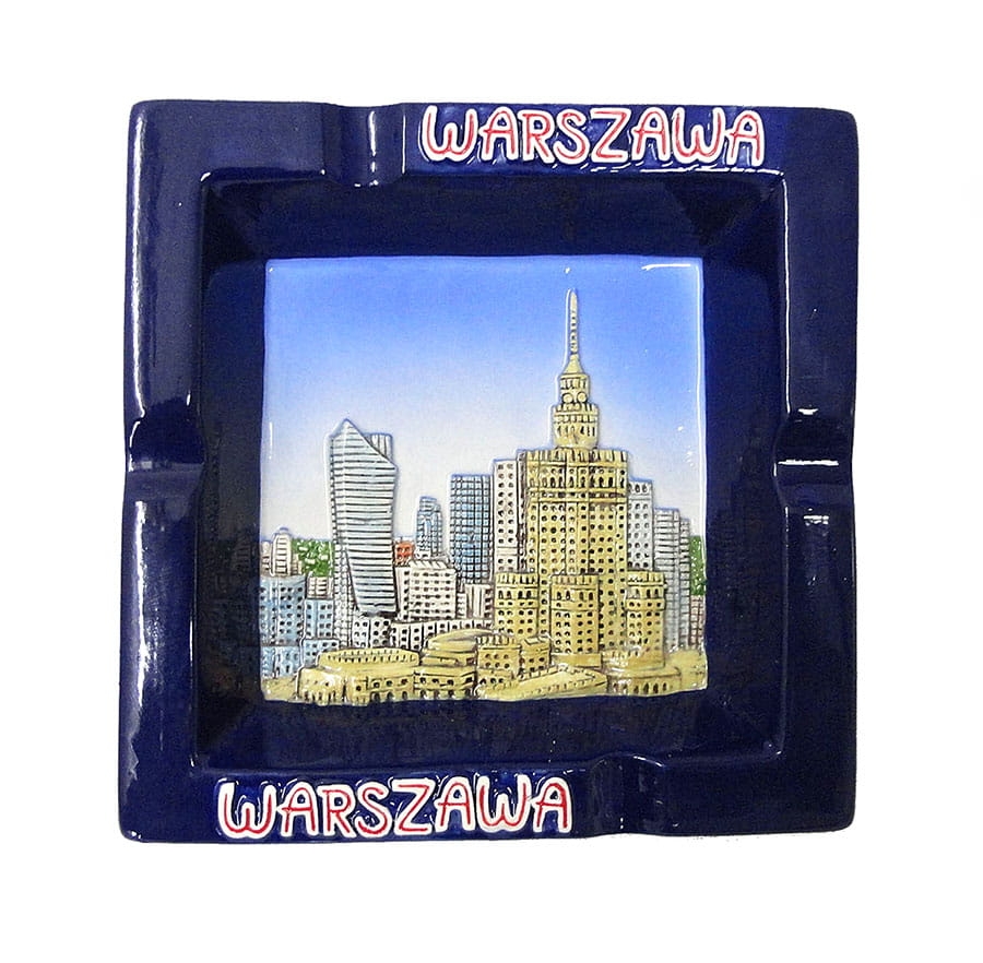 ceramiczna popielniczka Warszawa pamiątka niebieska z panoramą