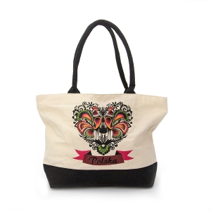 Torba płócienna Polska, folk serce koguty