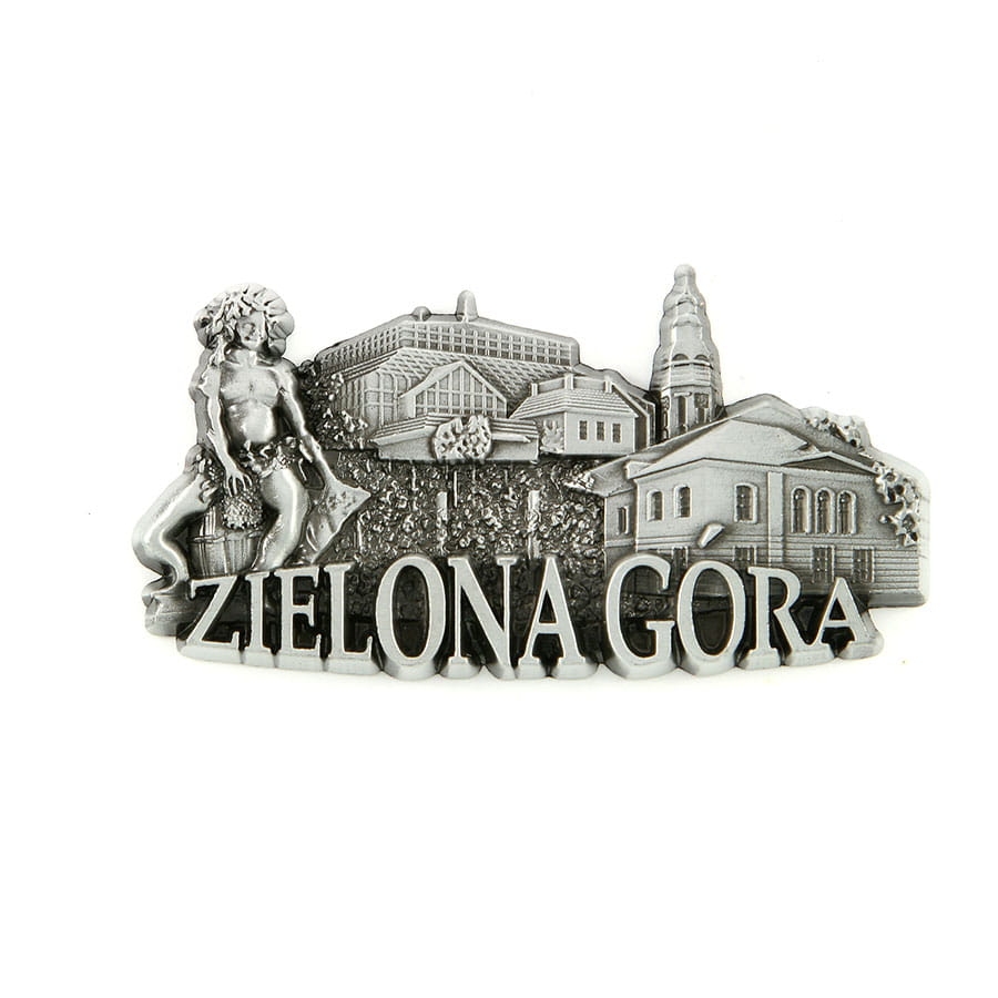 magnes na lodówkę panorama Zielona Góra metalowy srebrny pamiątka