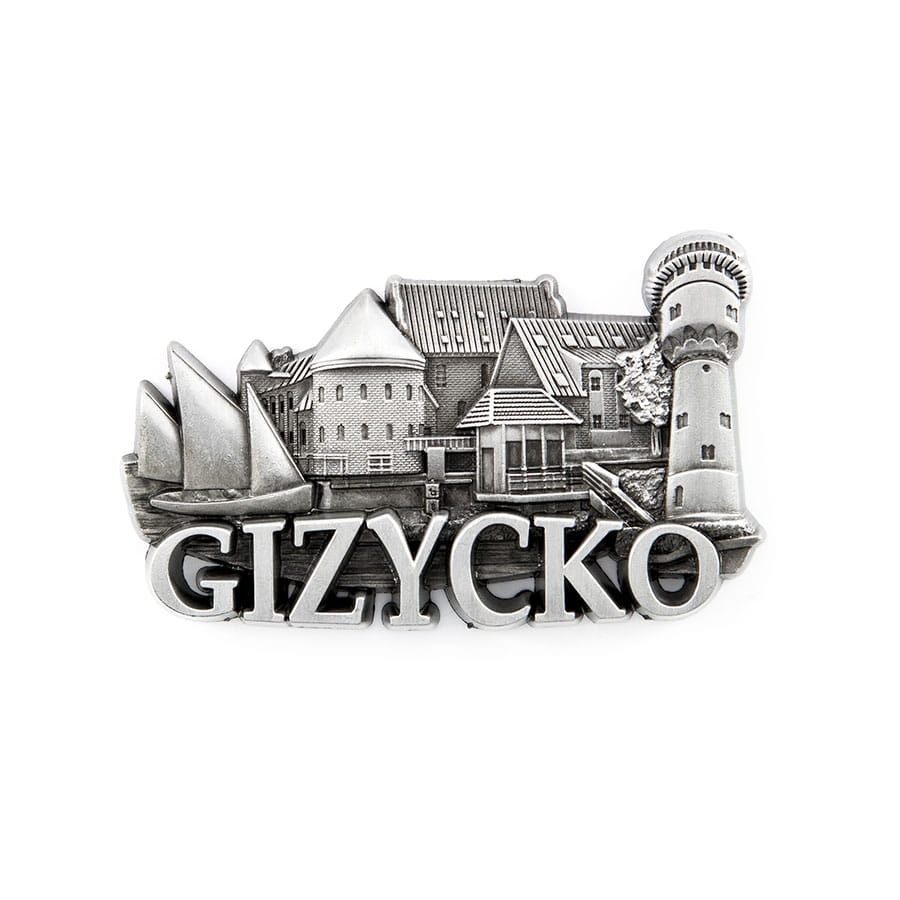 Magnes metalowy panorama Giżycko na lodówkę pamiątka