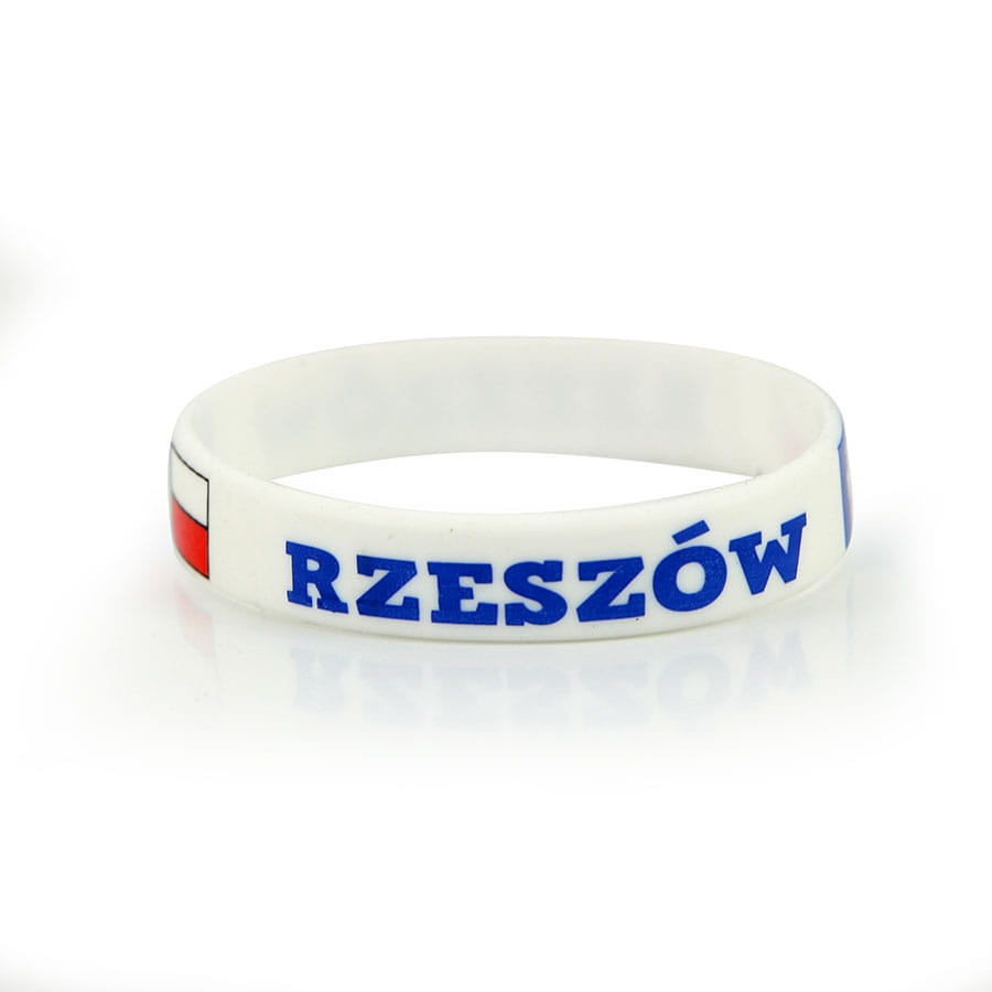 Bransoletka silikonowa Rzeszów biała z niebieskim napisem