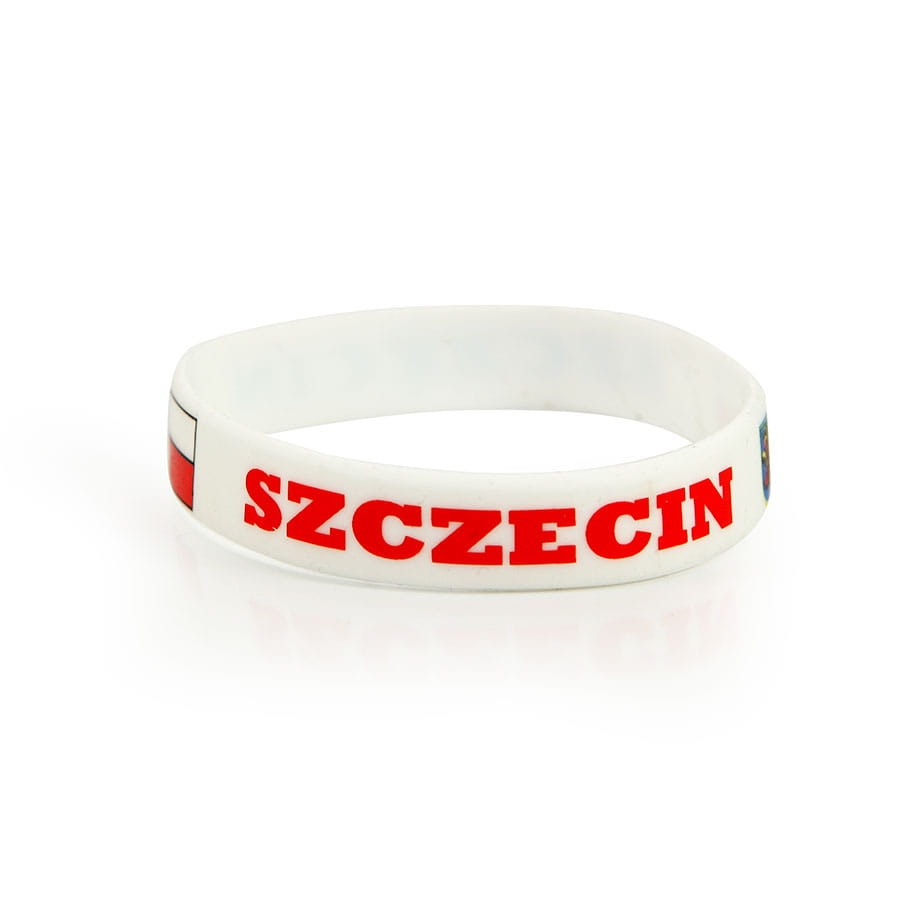 bransoletka silikonowa Szczecin biała z czerwonym napisem
