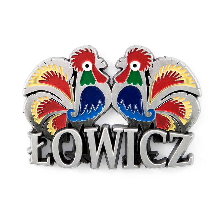 Magnes na lodówkę panorama Łowicz metalowy z łowickimi kogucikami