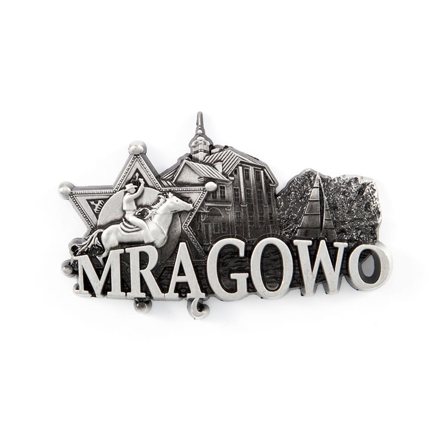 magnes na lodówkę panorama Mrągowo metalowy pamiątka z Mazur