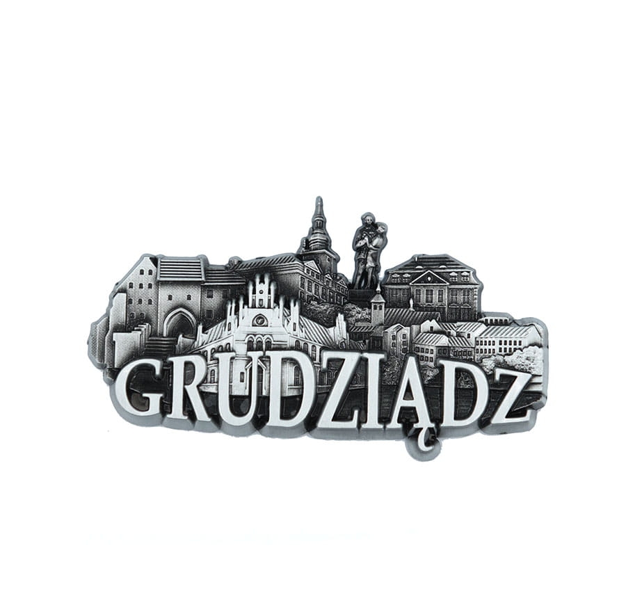 Magnes na lodówkę panorama Grudziądz metalowy srebrny pamiątka
