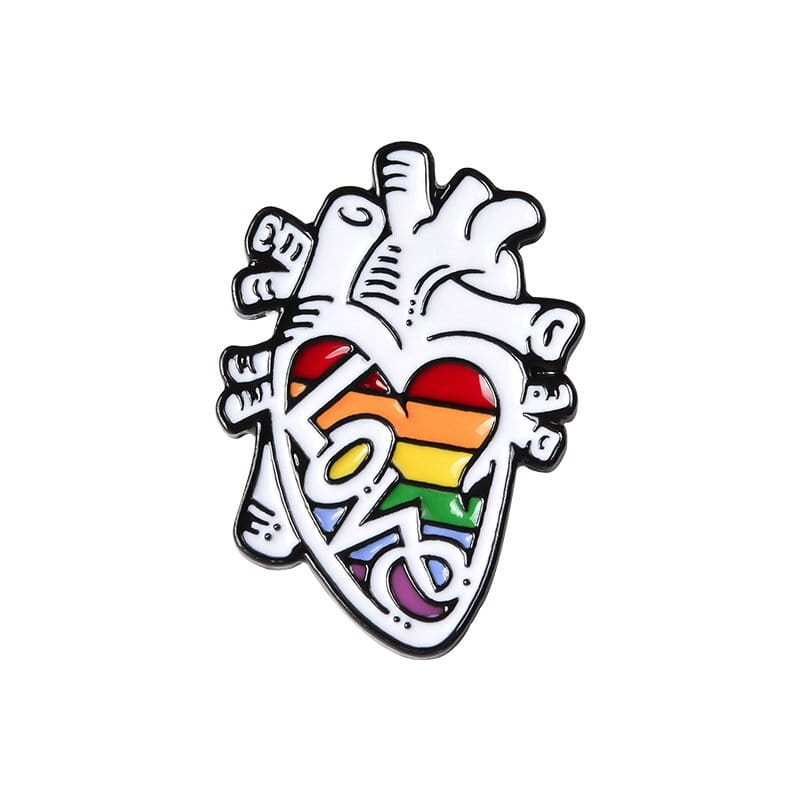 metalowa przypinka serce anatomiczne love tęczowe kolory