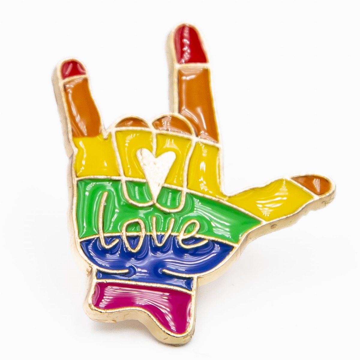 Metalowa przypinka dłoń LGBT rock love tęczowe kolory