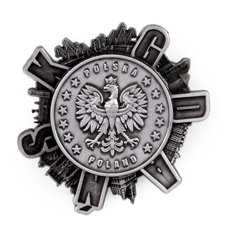 Magnes na lodówkę obrotowy Gdańsk metalowy srebrny z godłem Polski