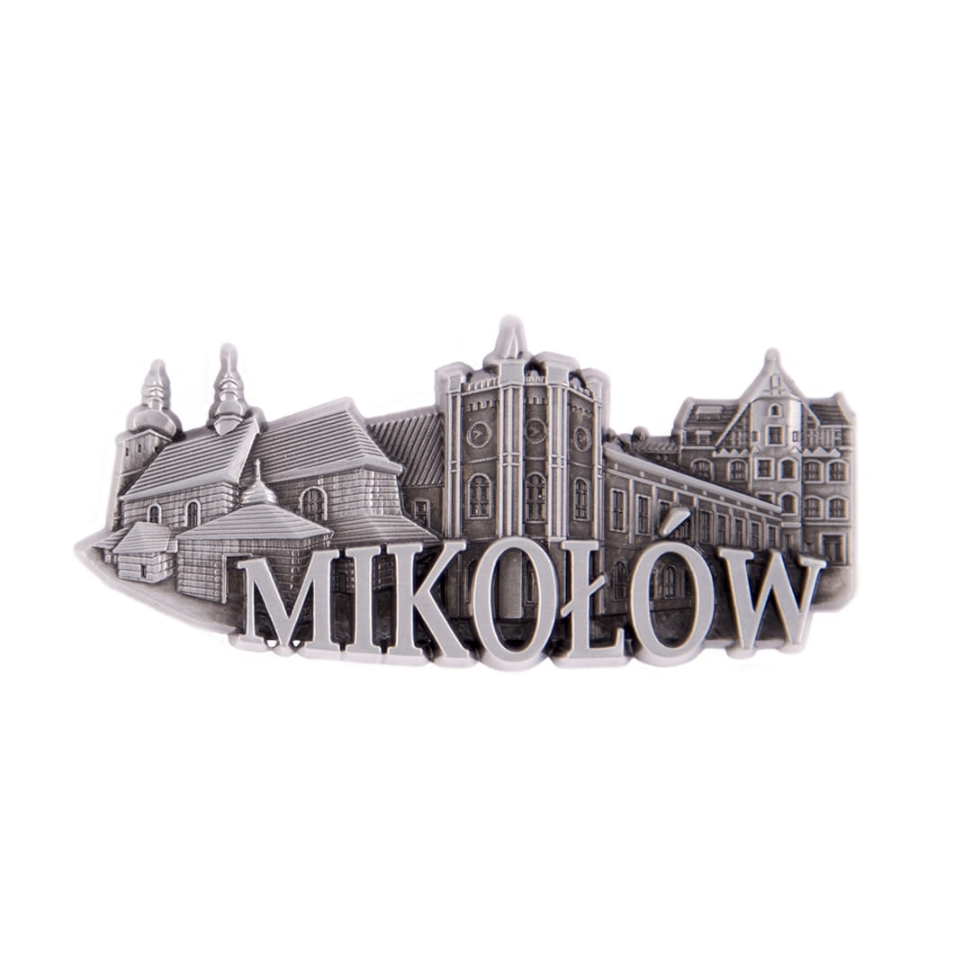 magnes na lodówkę panorama Mikołów metalowy srebrny pamiątka